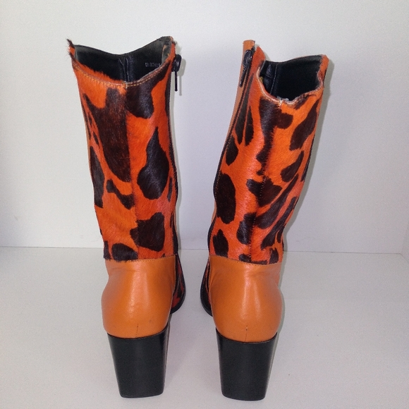 Vintage BRUNO VALENTI Mid Calf Square Toe Orange, Black Cowhide Leather Boots- 7 - Picture 4 of 8